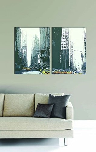 New York Cityscape Yellow Cab Taxi Sketch Style Canvas Wall Art Pictures Set of 2
