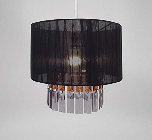 2-Tier Black Sheer Chandelier Hanging Pendant Universal Lightshade with Ribbons & Acrylic Gems