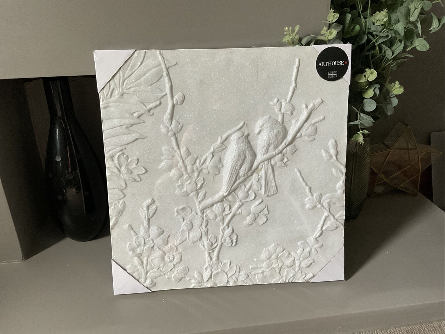 Large White Blossom Birds 3d Glitter Canvas Wall Art Picture 60 X 60 RRP £50.00
