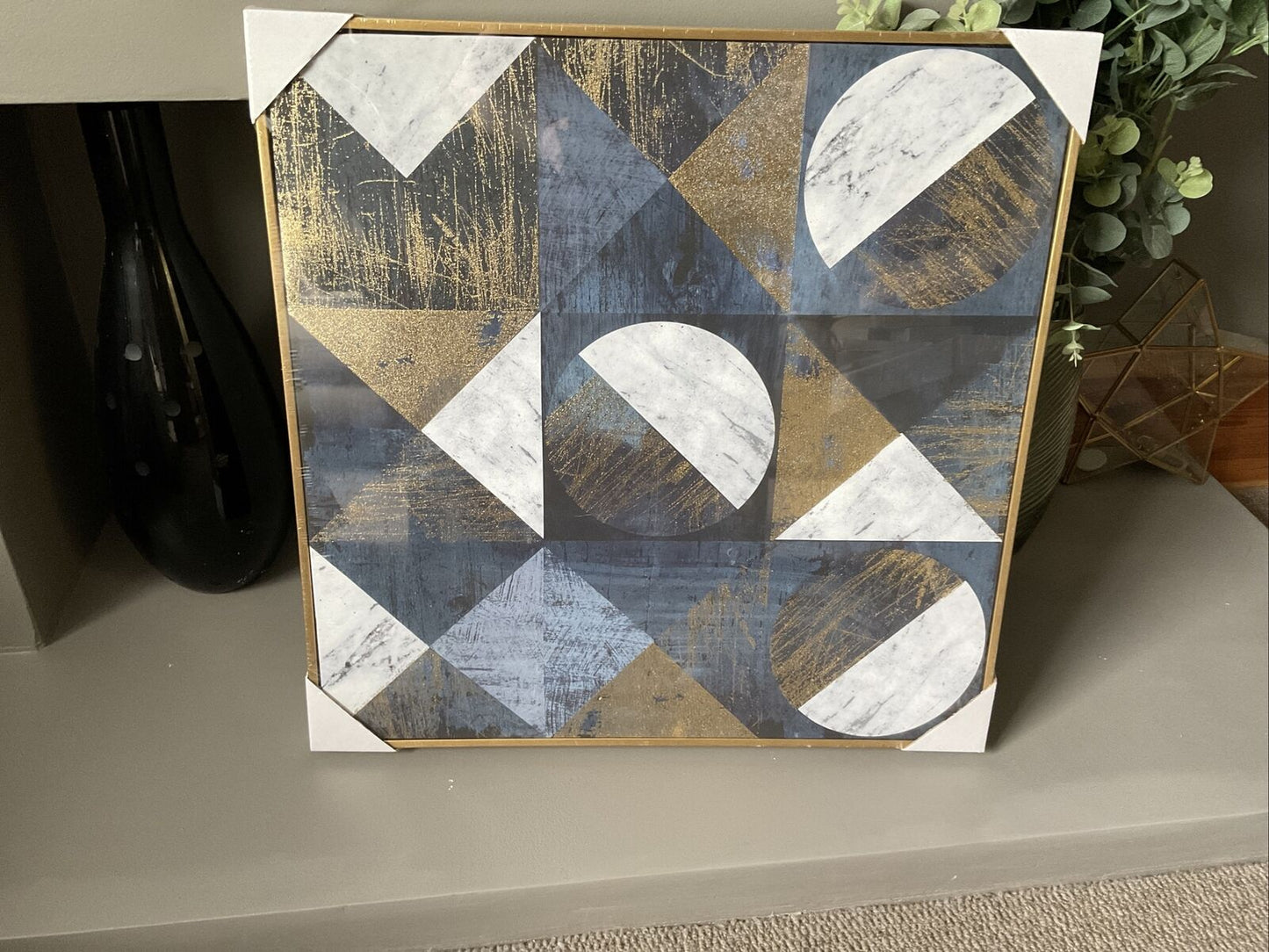 Blue Gold Glitter Gerometric Wall Hanging Canvas Picture 60 X 60 Gold Framed