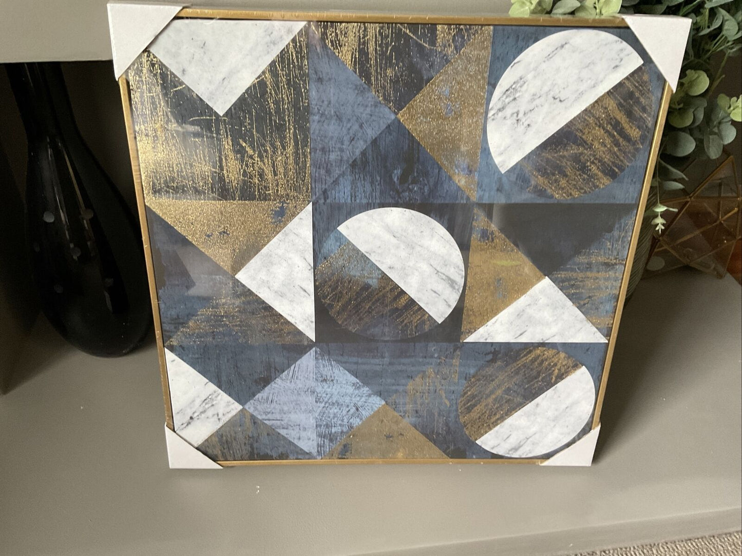 Blue Gold Glitter Gerometric Wall Hanging Canvas Picture 60 X 60 Gold Framed