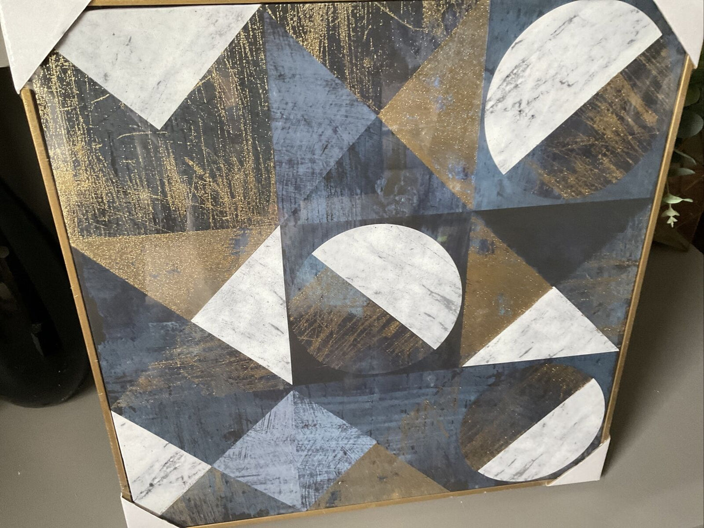 Blue Gold Glitter Gerometric Wall Hanging Canvas Picture 60 X 60 Gold Framed