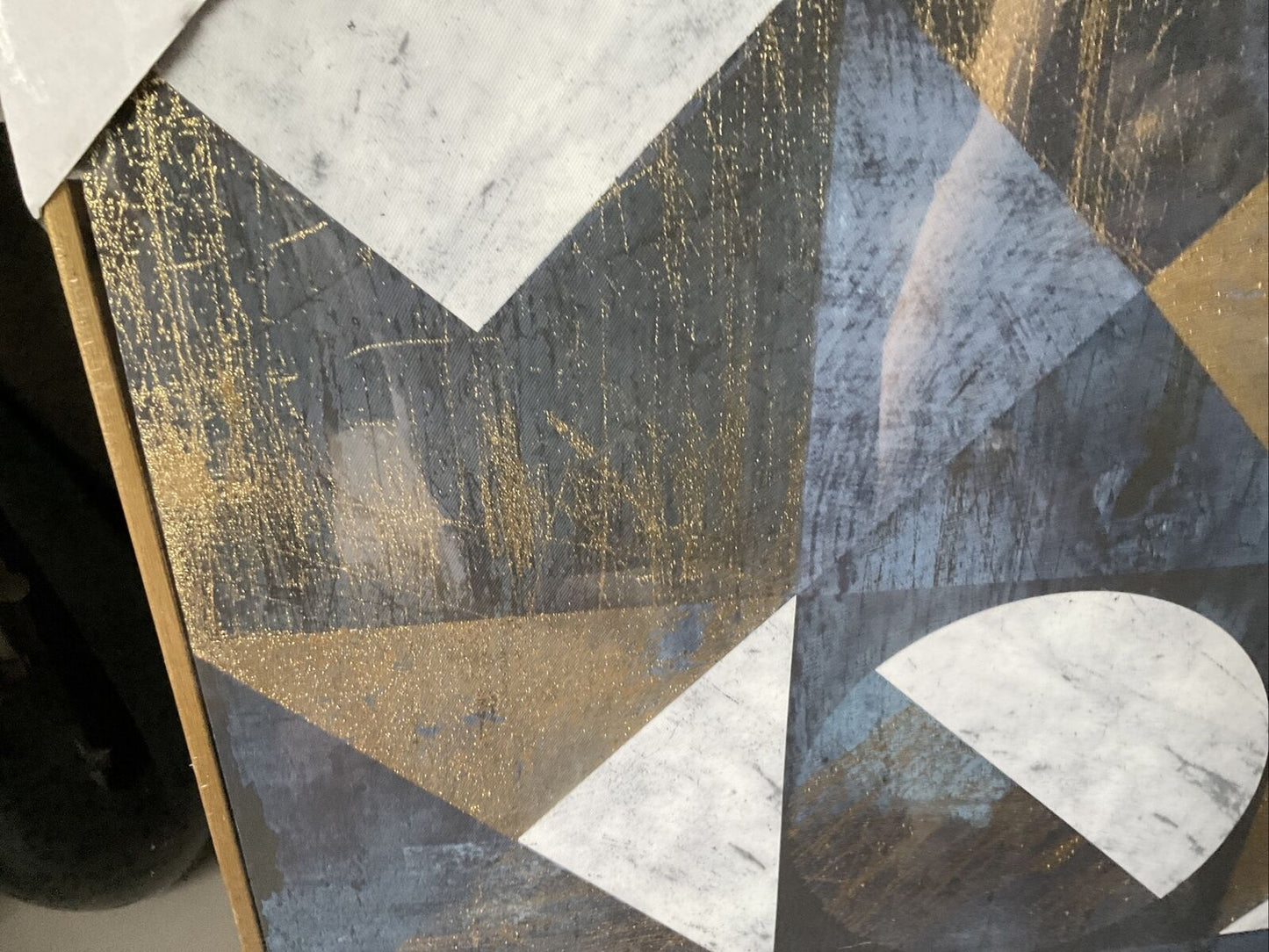 Blue Gold Glitter Gerometric Wall Hanging Canvas Picture 60 X 60 Gold Framed