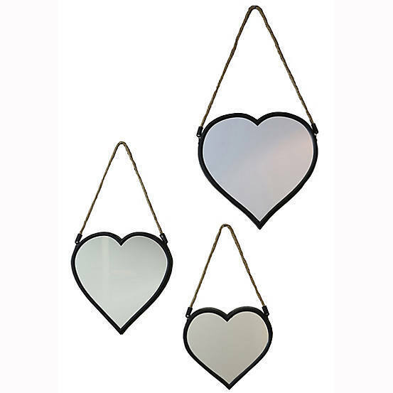 Set 3 Black Framed Hanging Wall Mirrors Heart Shaped 3 Different Sizes