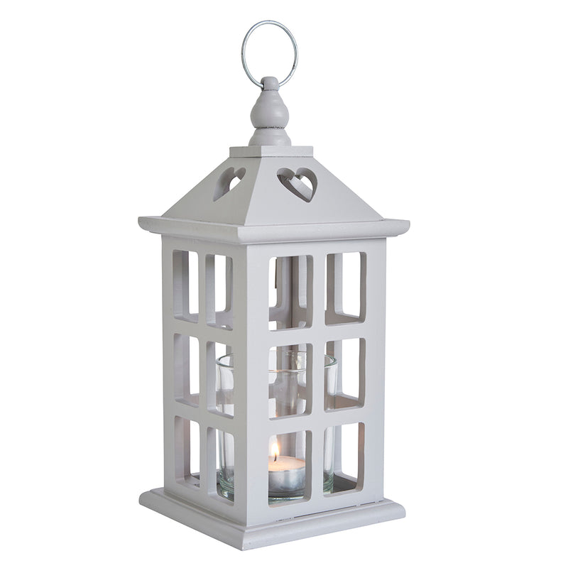 Grey Trellis Tea Light Lantern with Heart Cutout Detail