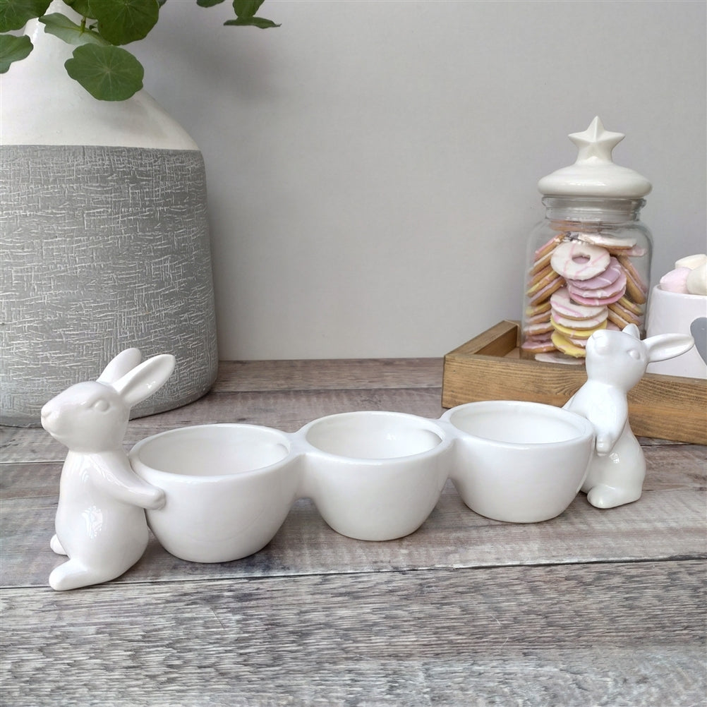 Long Triple Rabbit Snack Bowl - White
