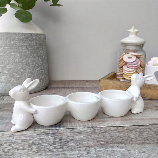Long Triple Rabbit Snack Bowl - White