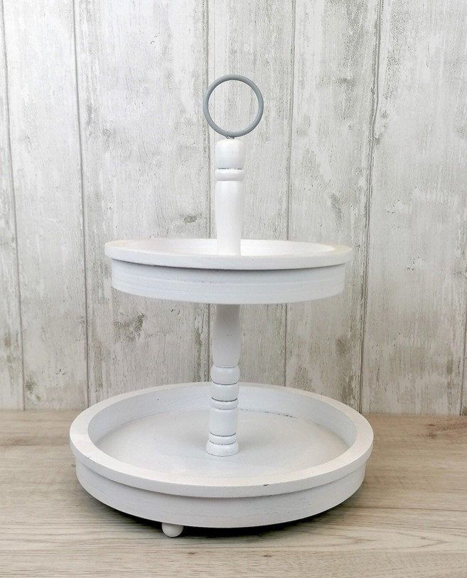 White 2 Tired Tray with metal handle