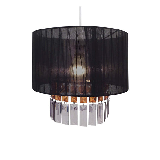2-Tier Black Sheer Chandelier Hanging Pendant Universal Lightshade with Ribbons & Acrylic Gems