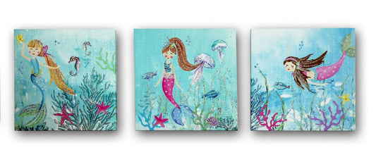 Mermaid World Glitter Set of Three Canvas Girls Bedroom Canvas Wall Art Decor