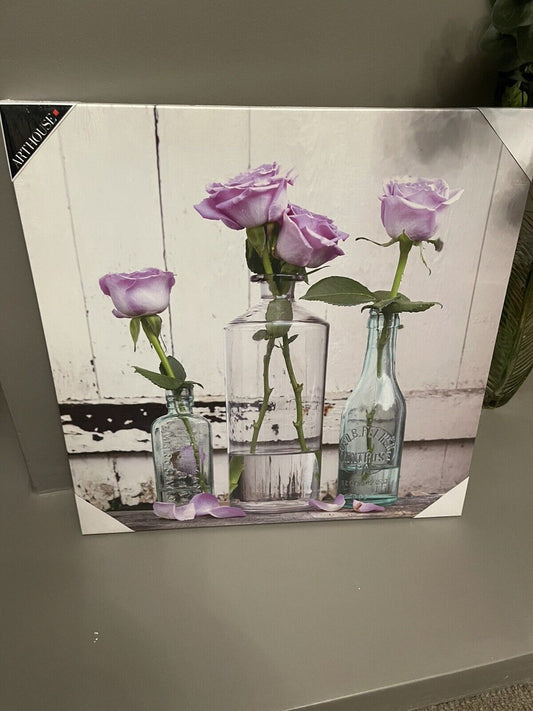 Lilac Rose Flowers Floral In Vase Canvas Wall Art Hanging Picture 48cm RRP £20