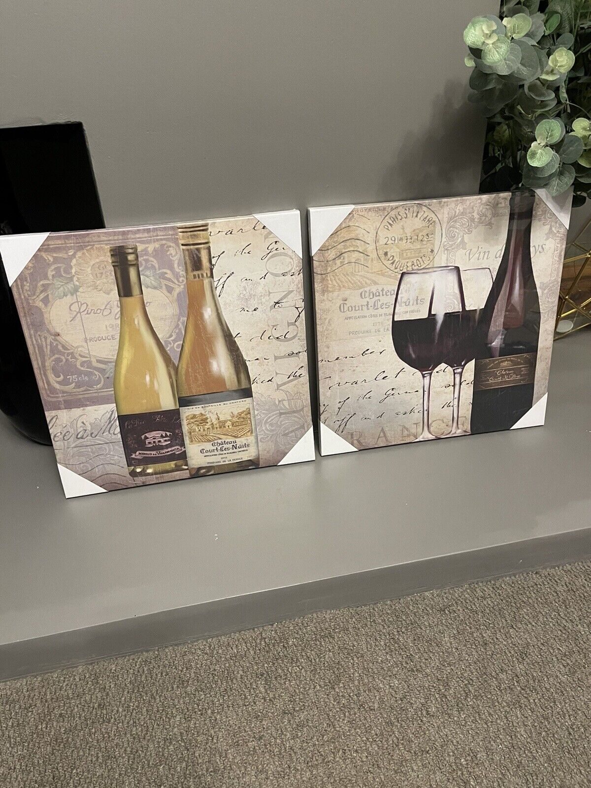 Set of 2  Wine Bottle Glass Printed Canvas Wall Art Hanging Picture 40 x 40 cm
