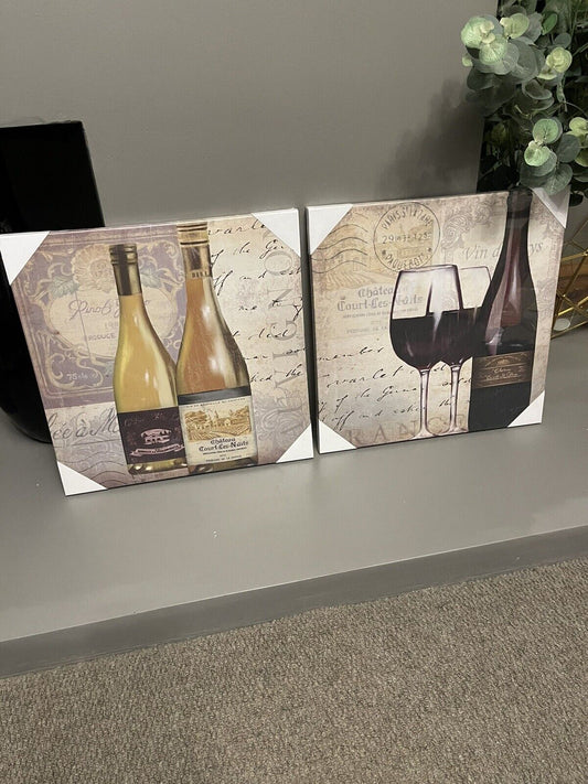 Set of 2  Wine Bottle Glass Printed Canvas Wall Art Hanging Picture 40 x 40 cm