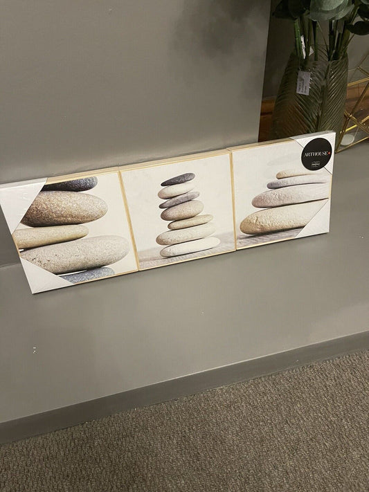 Set of 3 Grey Pebble Wooden Bathroom Printed Wall Art Pictures RRP £20.00