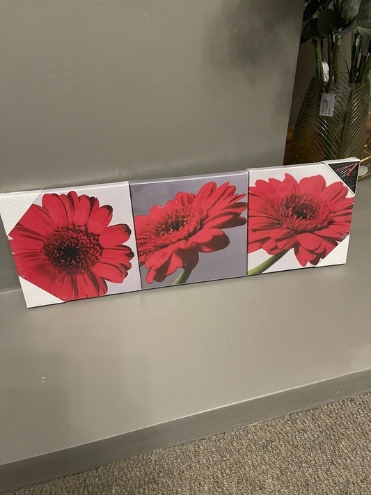 Set of 3 Gerbera Flower Red Grey Printed Wall Art Canvas Pictures RRP £20.00