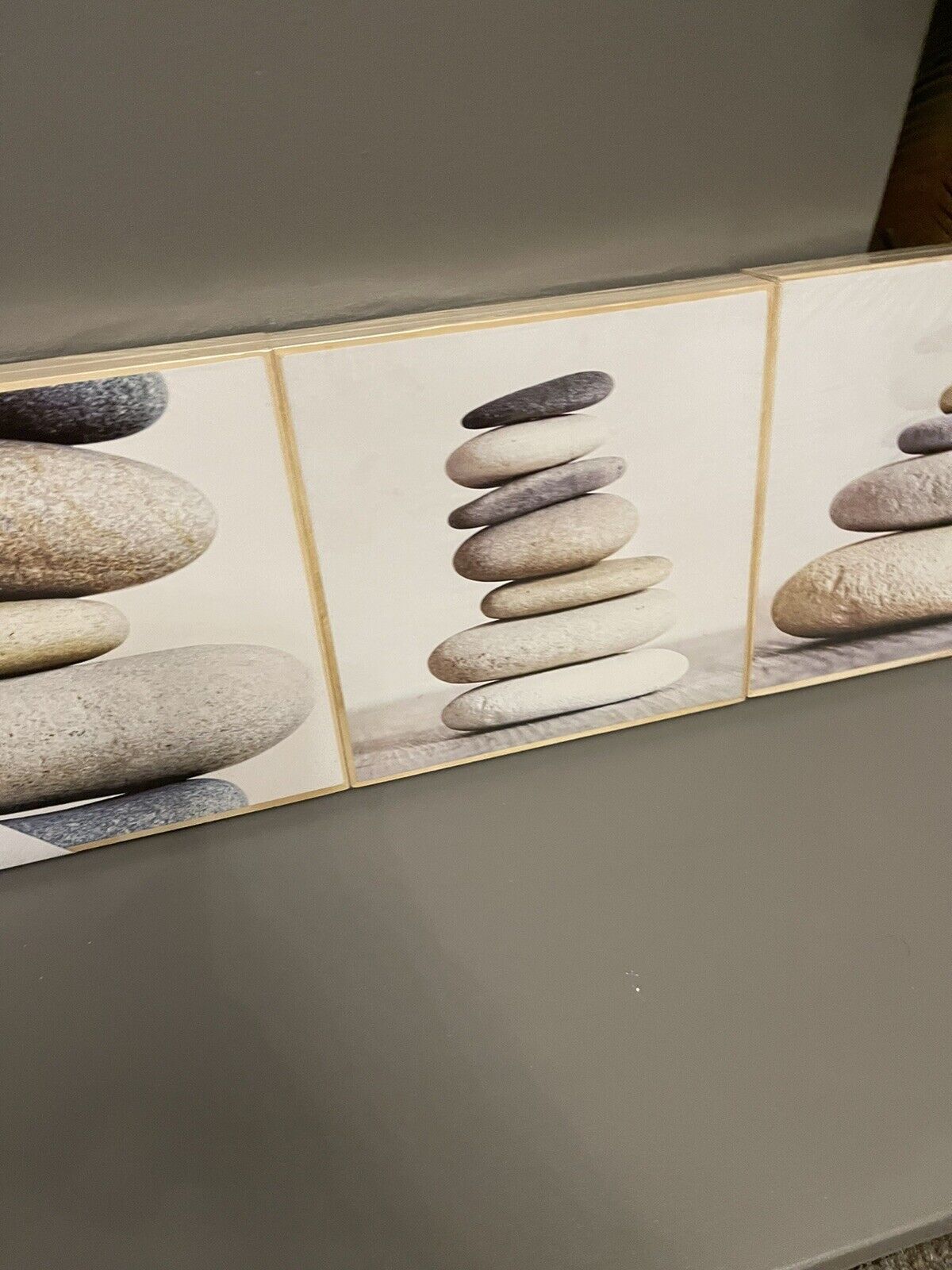 Set of 3 Grey Pebble Wooden Bathroom Printed Wall Art Pictures RRP £20.00