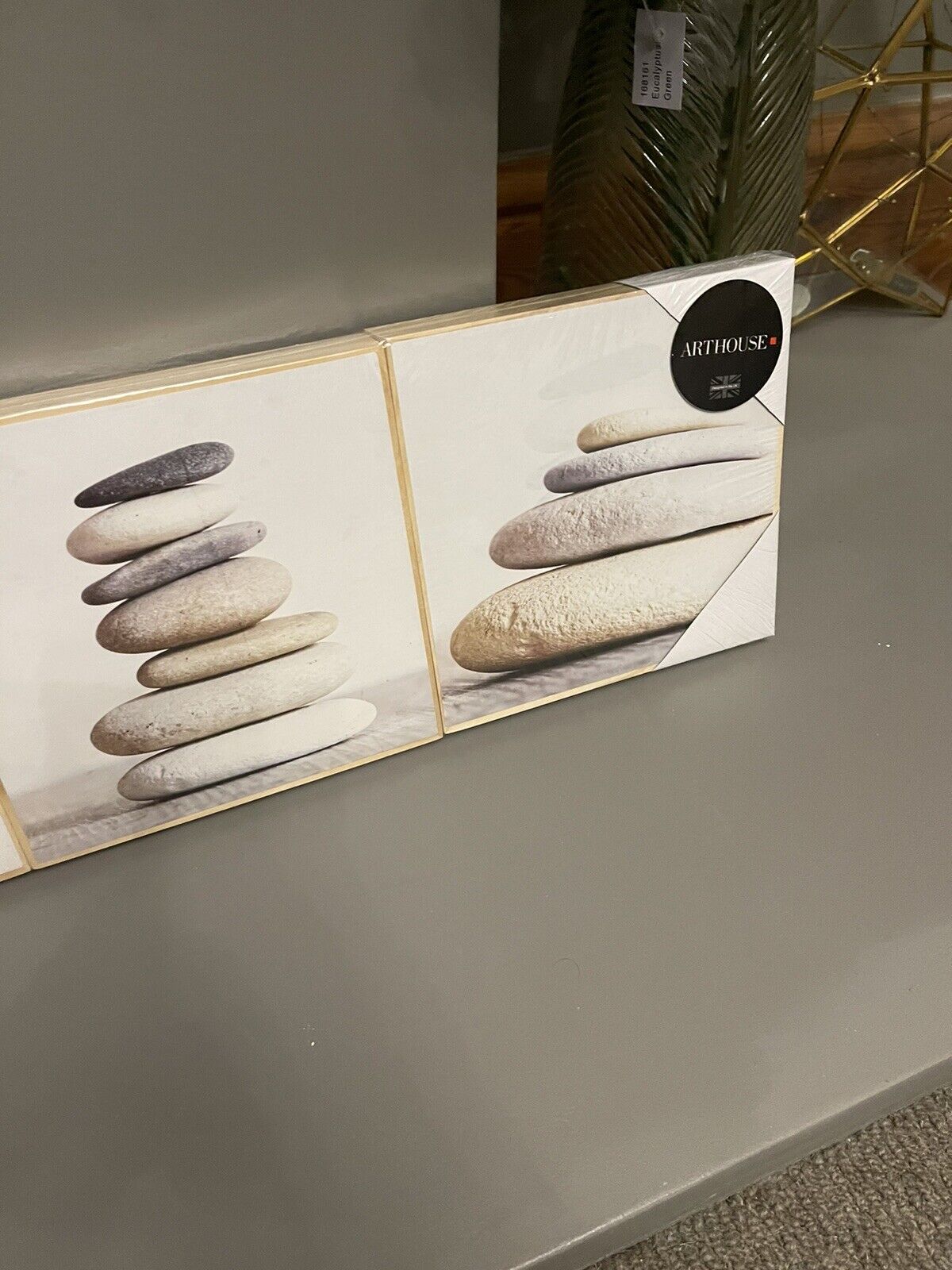 Set of 3 Grey Pebble Wooden Bathroom Printed Wall Art Pictures RRP £20.00