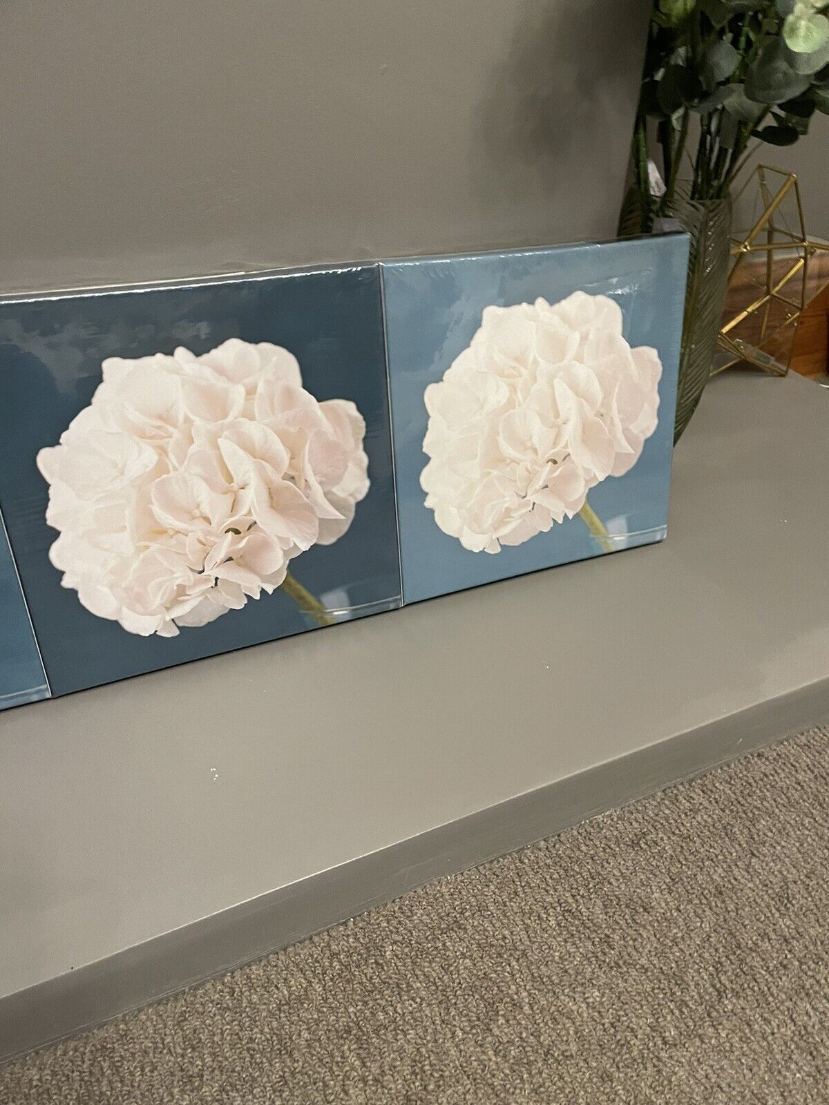 Set of 3 Teal & Cream Flower Printed Wall Art Canvas Pictures RRP £45