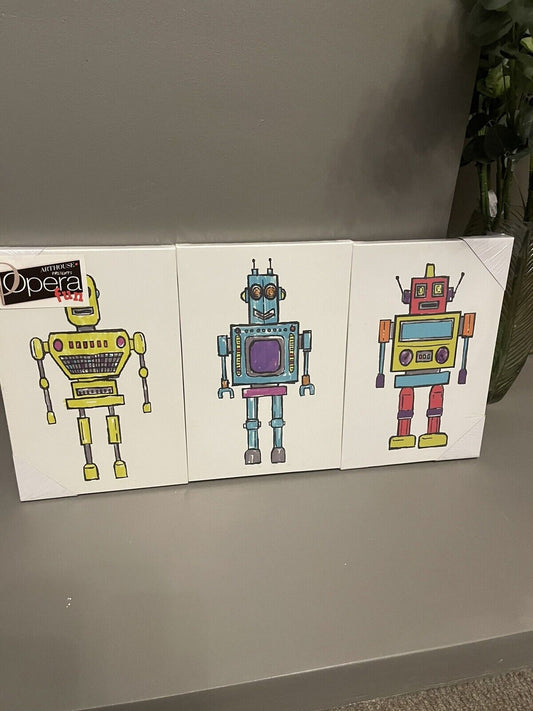 Robots Boys  Set of Three Canvas Kids Bedroom Printed Canvas Wall Decor