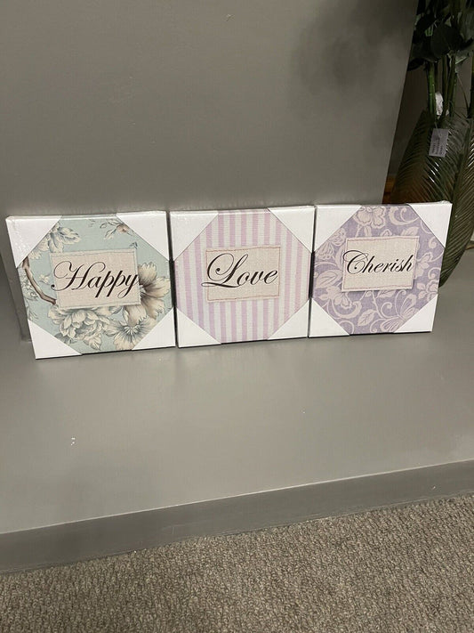 Set of 3 Love Happy Cherish Word Printed Wall Art Canvas Pictures RRP £20.00