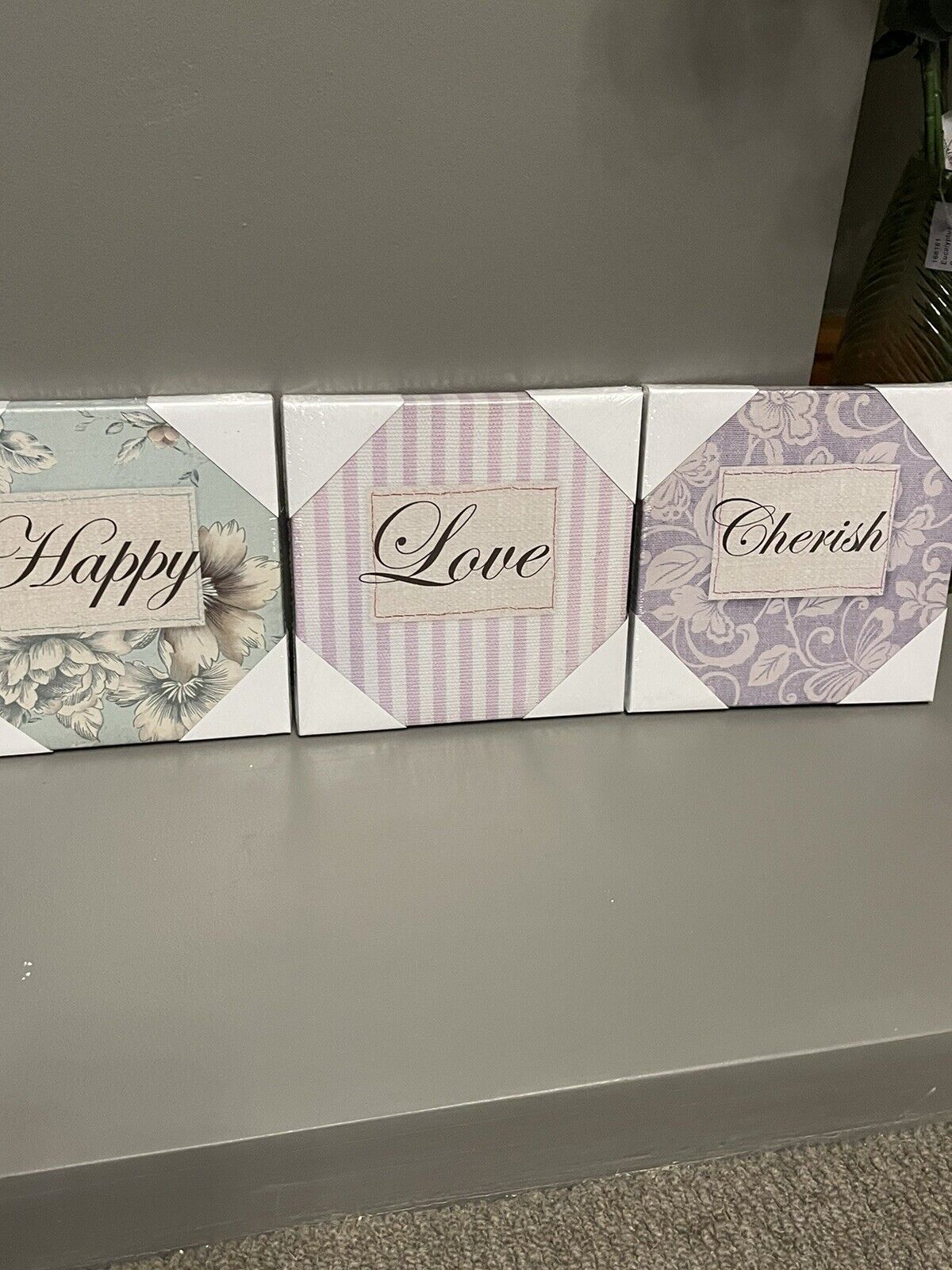 Set of 3 Love Happy Cherish Word Printed Wall Art Canvas Pictures RRP £20.00