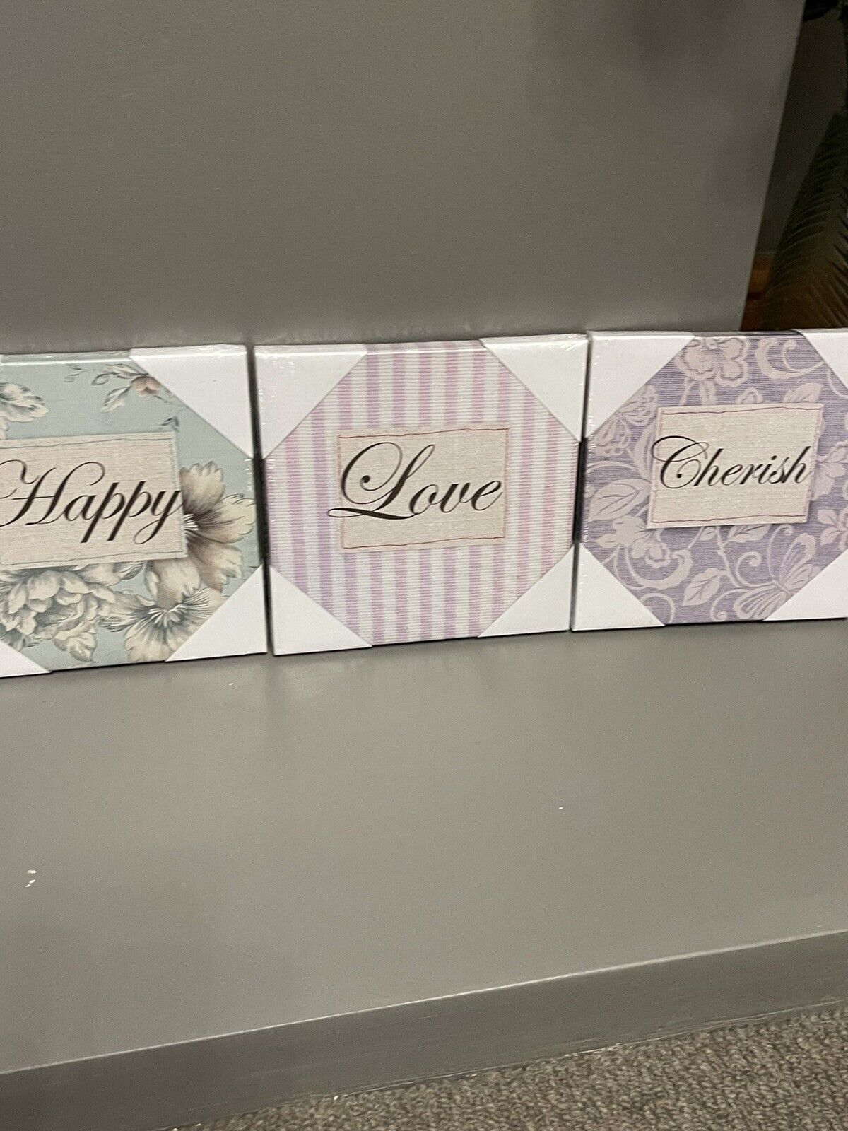 Set of 3 Love Happy Cherish Word Printed Wall Art Canvas Pictures RRP £20.00