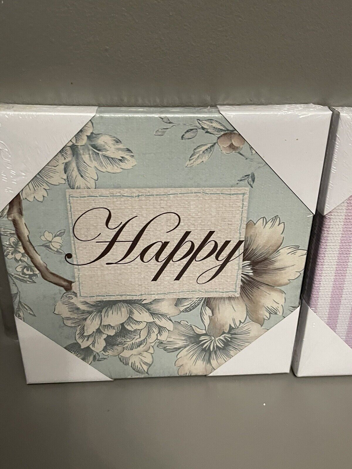 Set of 3 Love Happy Cherish Word Printed Wall Art Canvas Pictures RRP £20.00