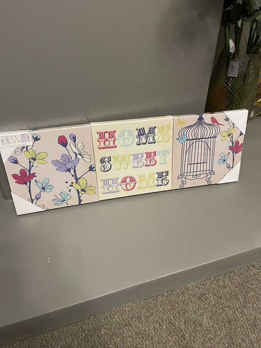 Set of 3 Home Sweet Home Flower Birdcage Printed Wall Art Canvas Pictures
