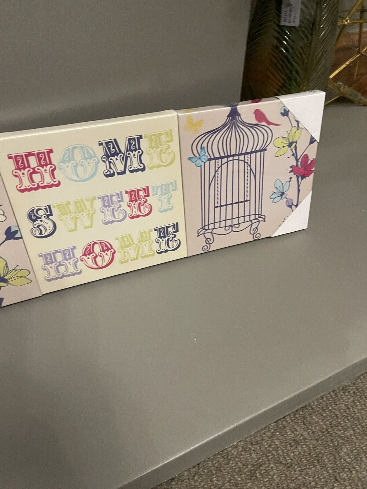 Set of 3 Home Sweet Home Flower Birdcage Printed Wall Art Canvas Pictures