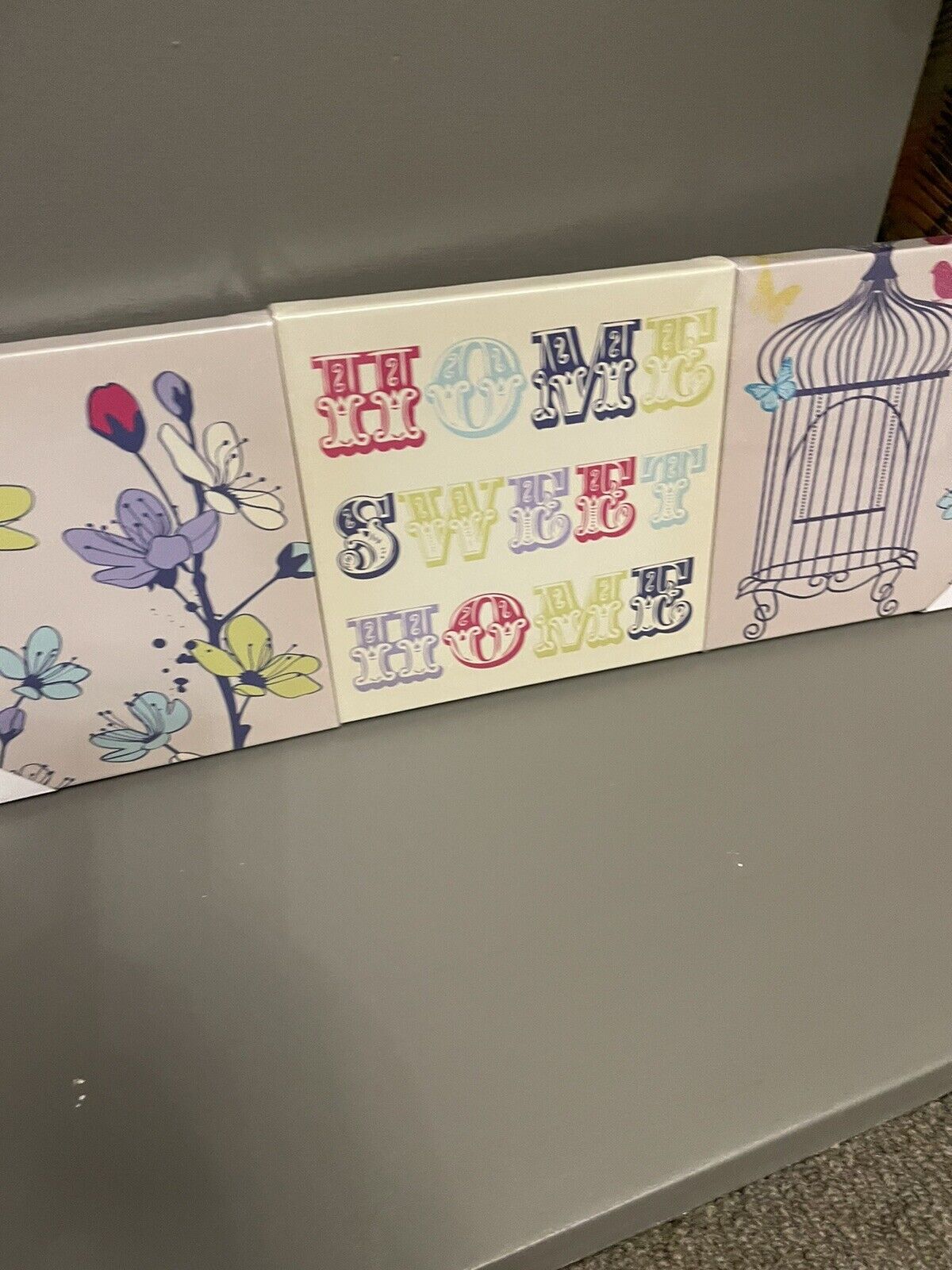 Set of 3 Home Sweet Home Flower Birdcage Printed Wall Art Canvas Pictures