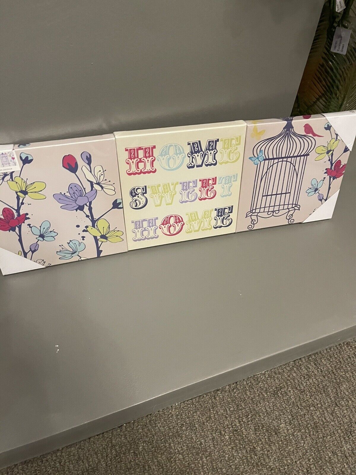 Set of 3 Home Sweet Home Flower Birdcage Printed Wall Art Canvas Pictures