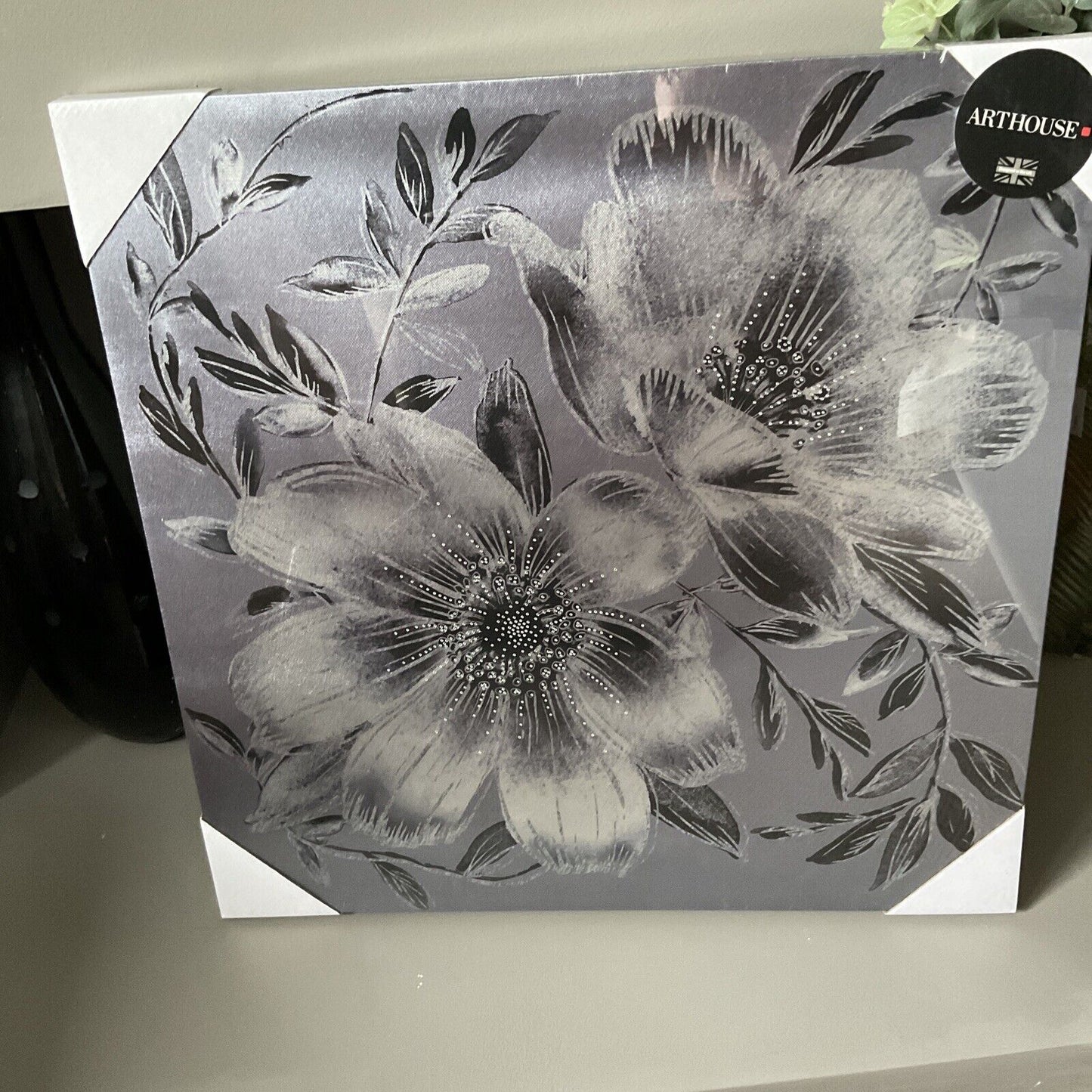 MEtalic Silver Grey Flower with Diamantie Detail Canvas Wall Art Hanging Picture