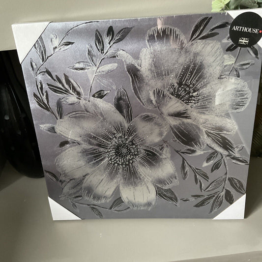MEtalic Silver Grey Flower with Diamantie Detail Canvas Wall Art Hanging Picture