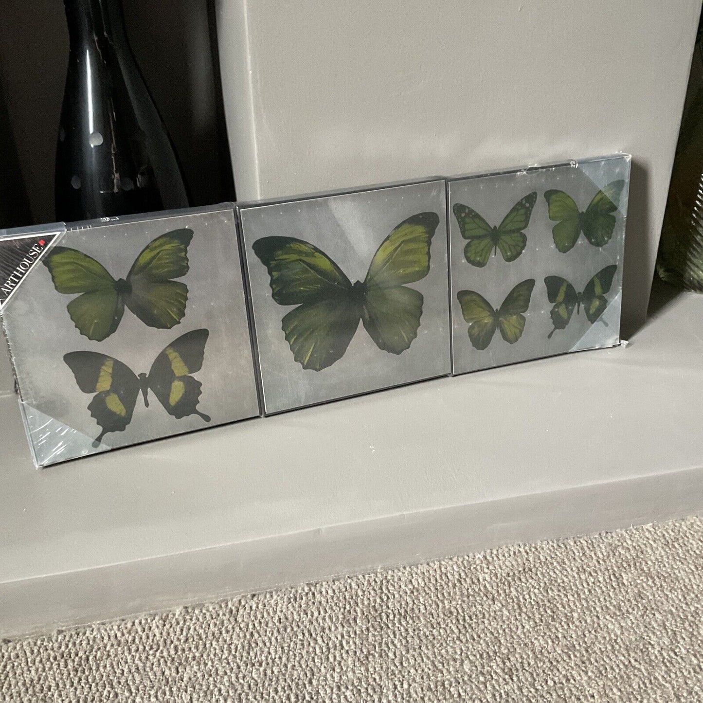 Green Butterfly Canvas Set of 3 Each  Size 25 X 25 Home Decorative Gift RRP £35