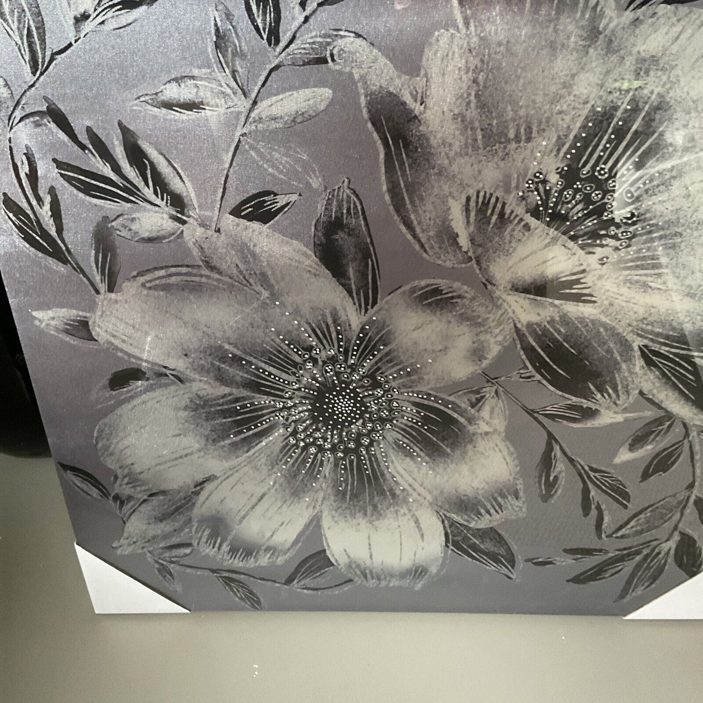 MEtalic Silver Grey Flower with Diamantie Detail Canvas Wall Art Hanging Picture
