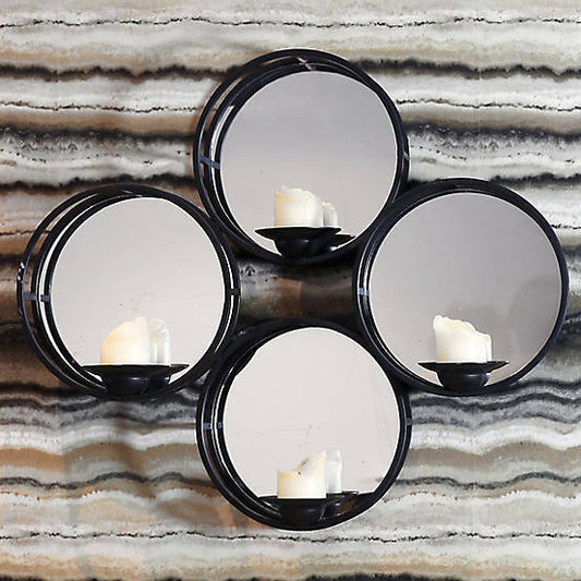 Large Black Wall Mirror Metal Framed 4 Circle Tealight Candle Holder Sconces
