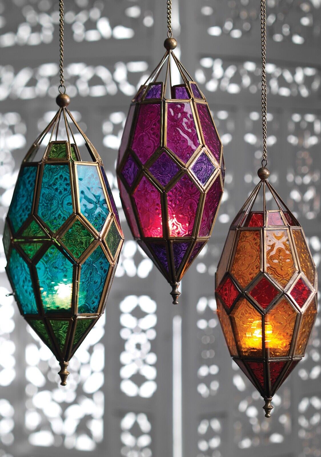 Moroccan Hanging TONAL Coloured Glass Lantern Tea Light Holder  Home Decor Gift