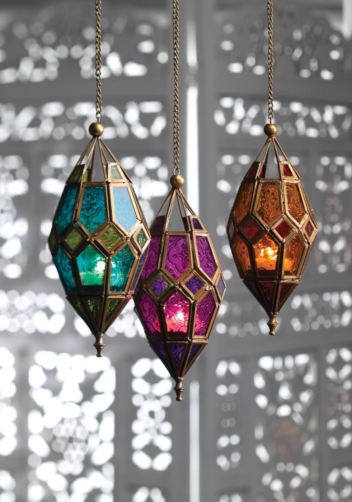 Moroccan Hanging TONAL Coloured Glass Lantern Tea Light Holder  Home Decor Gift